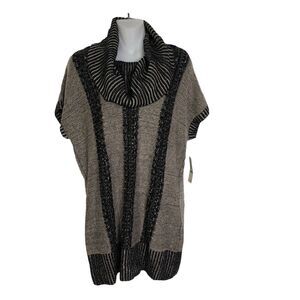 Fever Womens Sweater Large Black Beige Pullover Turtleneck Short Sleeve Knit Rib